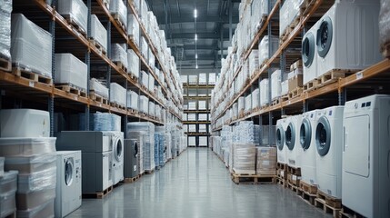 A warehouse filled with stacked appliances on shelves, showcasing organized inventory.