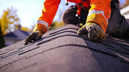 Close-up of a roofing team fixing damaged shingles with precision and care.