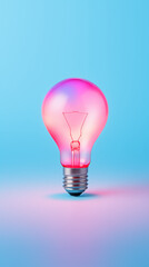 Fototapeta premium Beautiful gradient pink red light bulb. Blue background with copy space. Classic incandescent light bulb. Minimal concept of great idea, enlightenment, clarity and understanding