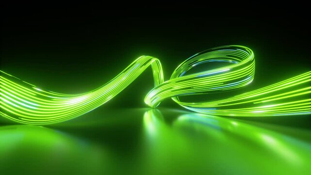looping 3d animation. Abstract green neon background. Light pulses stream along the curvy line leaving glowing trails. Virtual network connection, digital data transfer technology