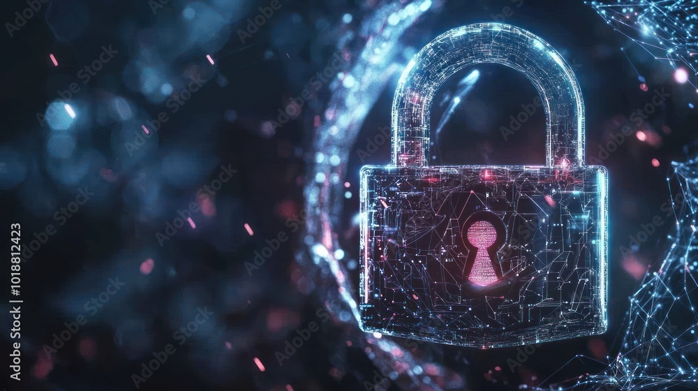 Poster a digital padlock surrounded by glowing particles, symbolizing cybersecurity and data protection.