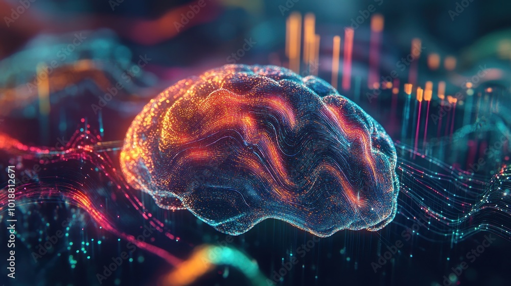 Poster a vibrant, abstract representation of a brain with colorful data visualizations.
