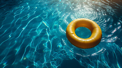 Yellow ring floating in blue water in a swimming pool 