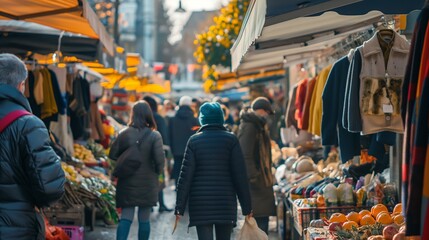 busy street market, filled with stalls selling warm clothes