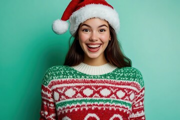 Cute young woman in knitted christmas sweater and santa hat