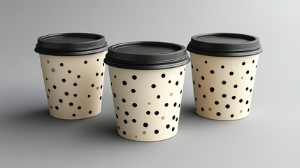 Three dotted coffee cups with black lids.