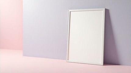 Blank white frame mockup leaning against a pastel pink and purple wall, perfect for showcasing your artwork or design.