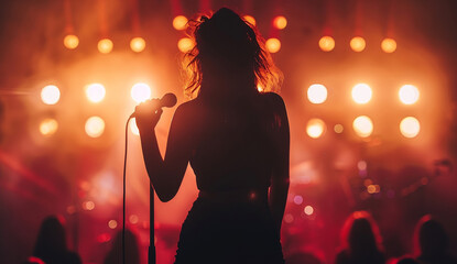 A dramatic silhouette of a female singer holding a microphone, performing on stage against bright orange and red stage lights, creating a powerful and energetic atmosphere.

