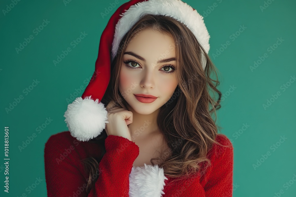 Wall mural cute young woman in santa hat