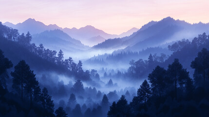 A quiet morning in a dense foggy forest at sunrise nature background