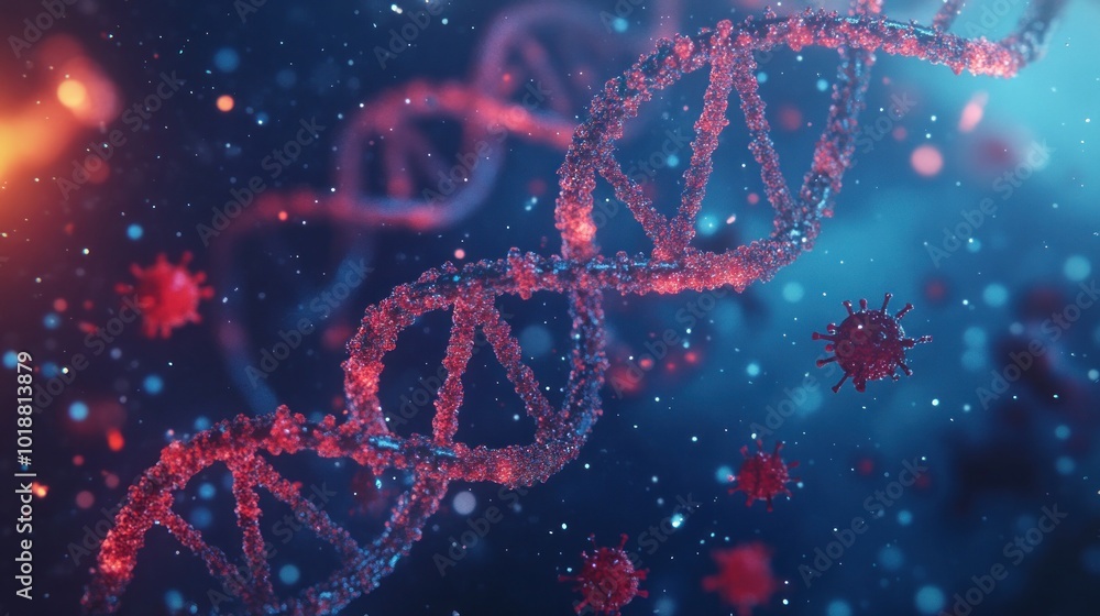 Poster a digital representation of dna strands surrounded by virus particles in a scientific context.