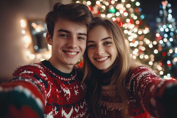 Happy young couple dressed in knitted sweaters doing selfie on christmas tree background