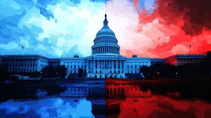 Illustration of the US Capitol, half red and half blue, symbolizing political parties.