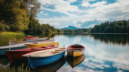 Obraz premium A row of colorful boats are docked at the edge of a tranquil lake with a mountain in the distance. The water is calm and reflective, and the sky is a bright blue with white clouds.