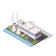 A power plant with cooling towers and a water body in isometric view. Vector illustration