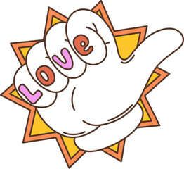 Cartoon retro groovy hippie thumb up symbol. Isolated vector colorful gloved palm making gesture with the word love playfully inscribed on each finger, t within a star-shaped or comic explosion frame