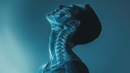 Person with bad posture and neck pain, shown through an x-ray-style image.