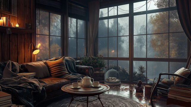 cozy living room, the scent of cinnamon and the sound of rain outside