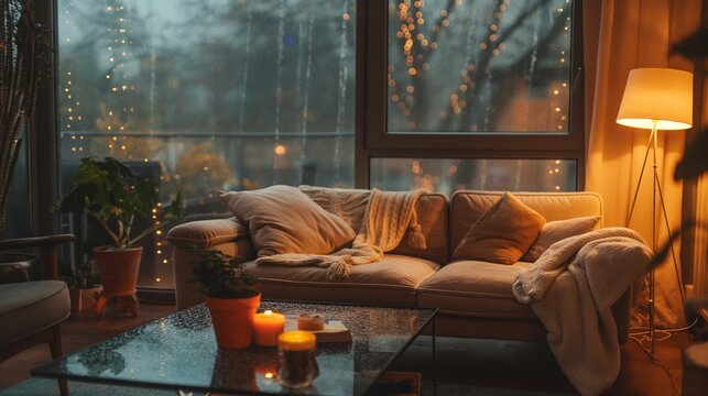 cozy living room, the scent of cinnamon and the sound of rain outside