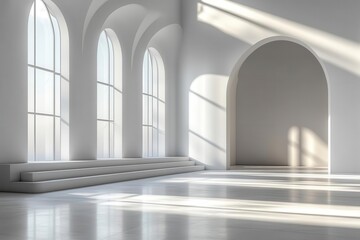 minimalist empty room with white walls illuminated by soft light streaming through windows creating a perfect background for product presentation