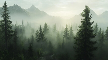 Fototapeta premium A quiet morning in a dense foggy forest at sunrise nature background