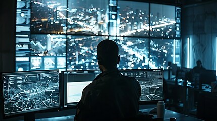 Security guard monitoring modern CCTV cameras in surveillance room at night. Male security guard in surveillance room