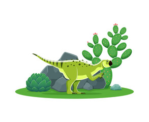 Obraz premium Psittacosaurus cartoon prehistoric dinosaur character. Isolated vector herbivore Ceratopsian reptile animal in natural environment with rock and cacti plants. ancient lizard from early cretaceous era
