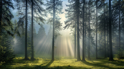 Fototapeta premium A quiet morning in a dense foggy forest at sunrise nature background