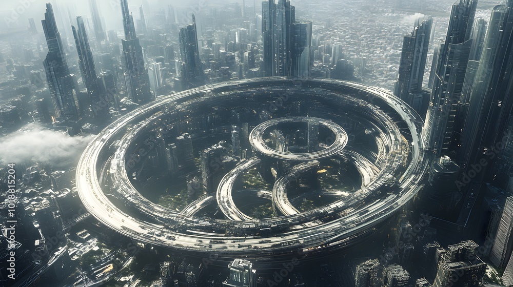 Poster futuristic aerial view of a circular urban structure surrounded by modern skyscrapers, showcasing ad