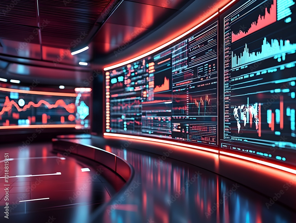 Poster futuristic data analysis room with glowing screens displaying complex graphs and statistics for digi