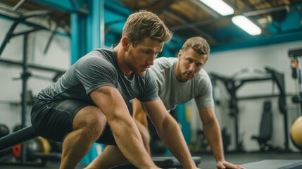 man working out with a personal trainer, getting expert guidance and encouragement to help him