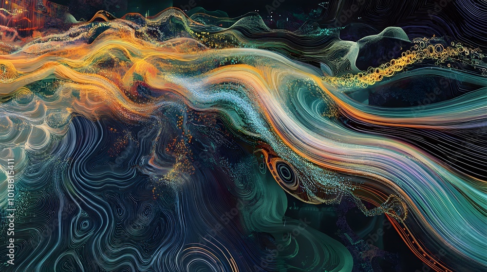 Poster a vibrant abstract image featuring fluid lines and dynamic colors, creating a sense of movement and 