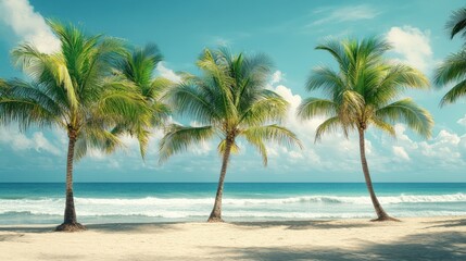 Four palm trees stand tall on a white sandy beach with blue ocean waves crashing in the background.
