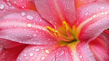 Fototapeta premium Close-up of a pink flower with water droplets, showcasing its intricate details.