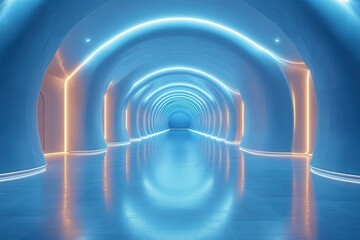 Obraz premium minimalist futuristic interior seamless blue gradient walls subtle ambient lighting reflective floor surface clean lines scifi atmosphere sleek presentation space