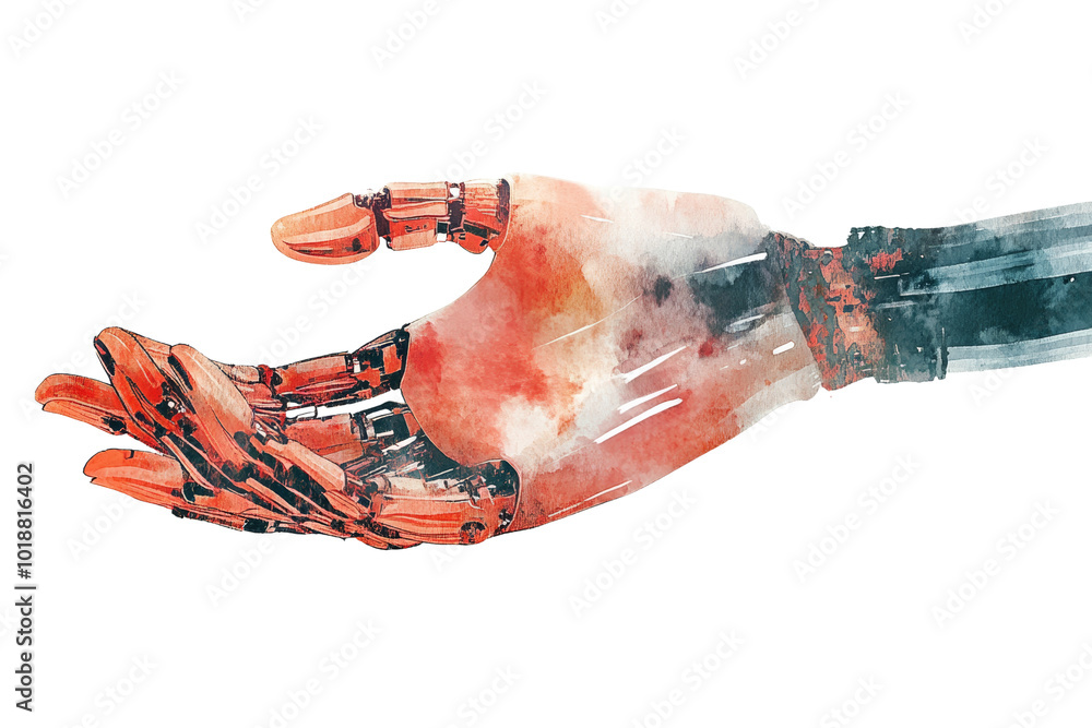 Poster artistic depiction of a robotic hand reaching out, showcasing innovation and advanced engineering co