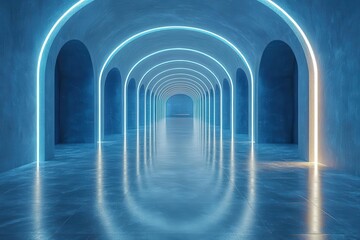 Obraz premium minimalist futuristic interior seamless blue gradient walls subtle ambient lighting reflective floor surface clean lines scifi atmosphere sleek presentation space