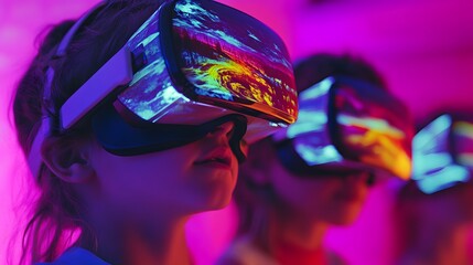 Obraz premium Close-up view of individuals wearing virtual reality headsets, immersed in vibrant digital environments, showcasing advanced technology.