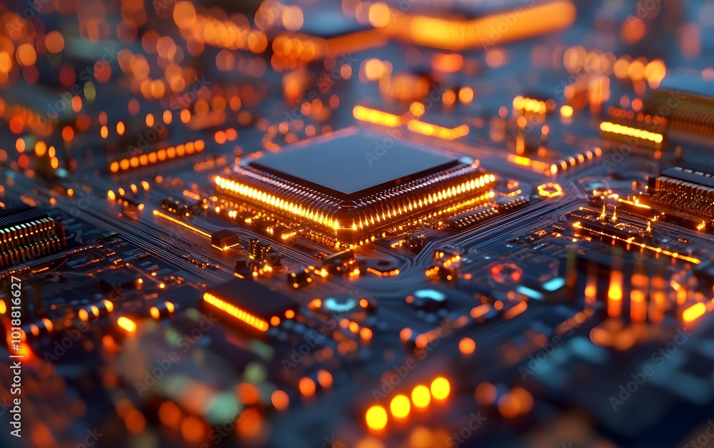 Poster close-up of a circuit board with glowing components, illustrating technology and innovation in elect