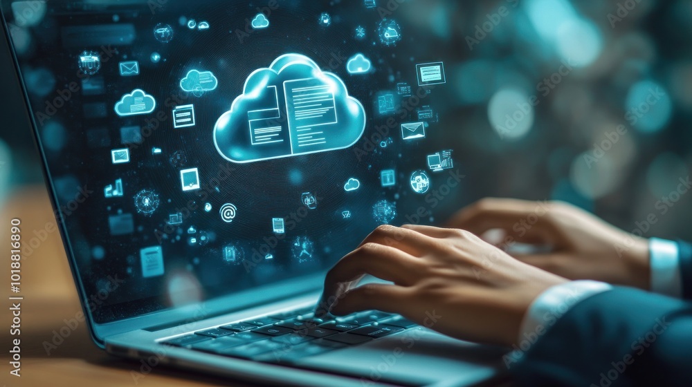Poster a person typing on a laptop with cloud computing graphics displayed on the screen.