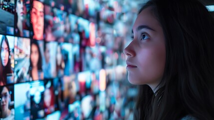 Side view of young woman looking at movie frames in cinema at night