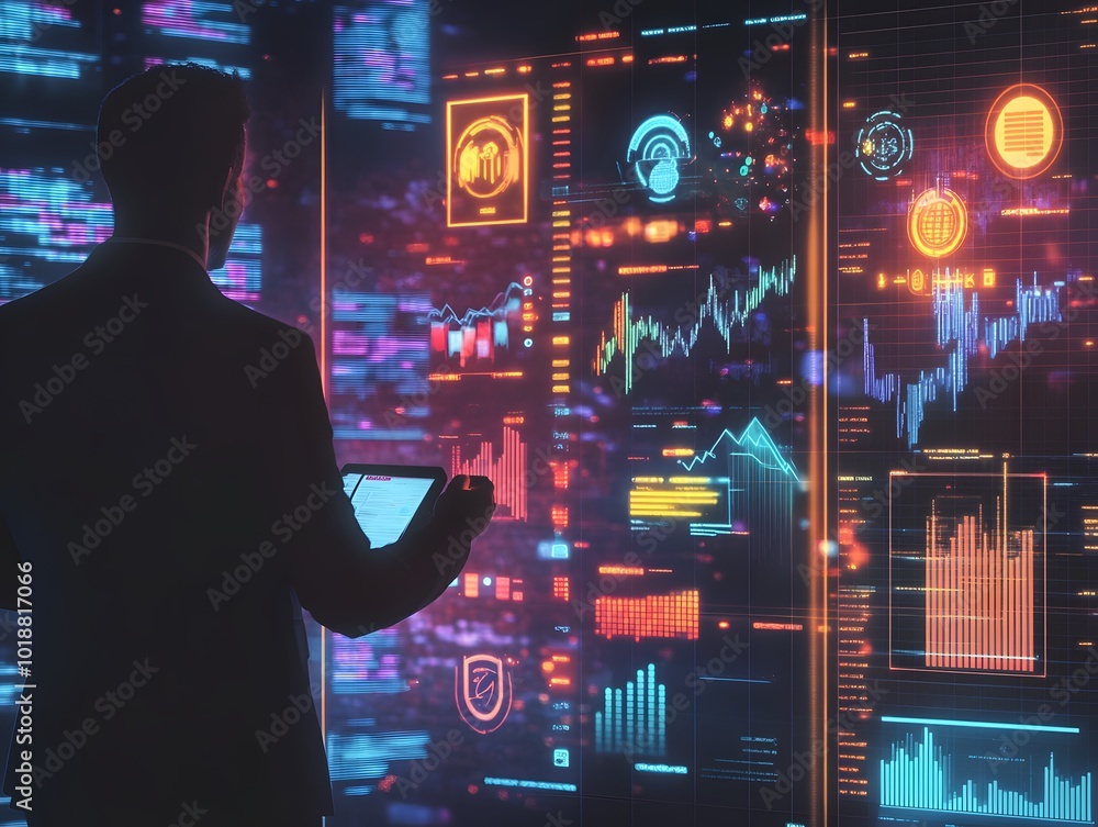 Poster a professional analyzing data on high-tech digital screens, showcasing vibrant graphics and analytic