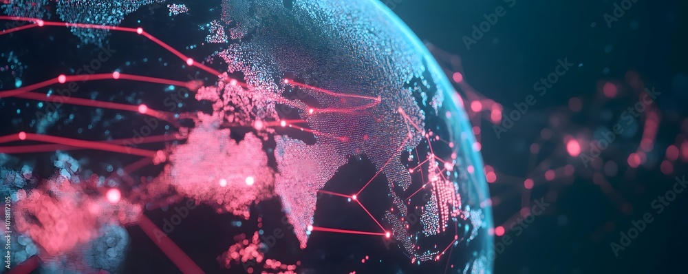 Poster a digital representation of a globe highlighting interconnected networks with glowing nodes, symboli