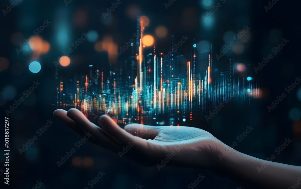 Poster a futuristic hand with digital data visualization, symbolizing technology and innovation in a digita