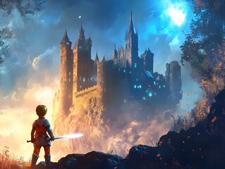 A young warrior stands before a majestic castle, ready for adventure in a mystical realm of magic and wonder.