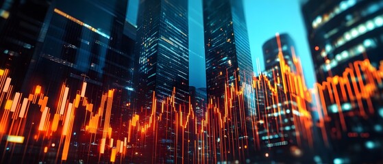 Obraz premium Vibrant city skyline with dynamic stock market graph overlay, emphasizing financial growth and modern architecture in urban landscape.