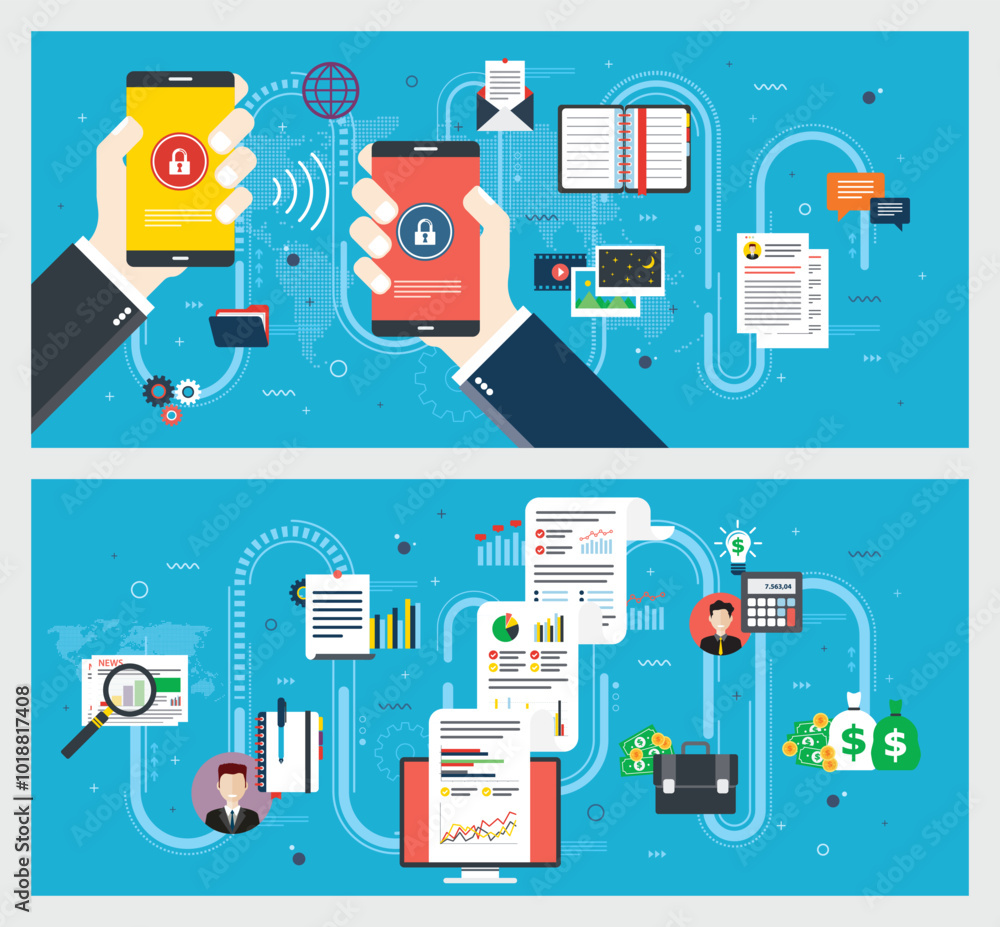 Poster illustration with icons and graphics in vector of digital data security and communication with mobil