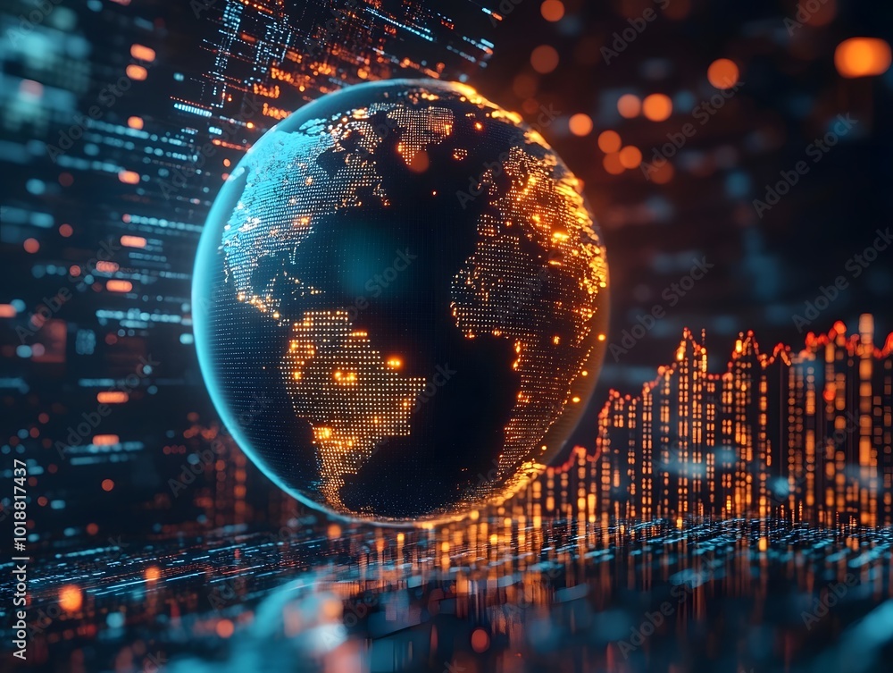 Poster a stunning visualization of a glowing globe surrounded by data streams and graphs, representing glob