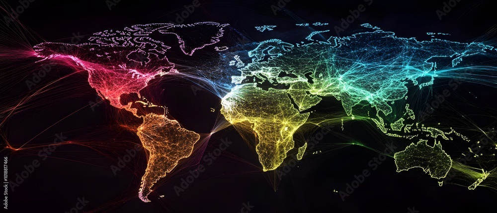 Poster a colorful digital representation of a world map, showcasing connections and data flow across contin
