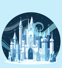 A whimsical castle surrounded by ice and snow, in a cartoon style, on a blue background. Vector illustration © GN.STUDIO
